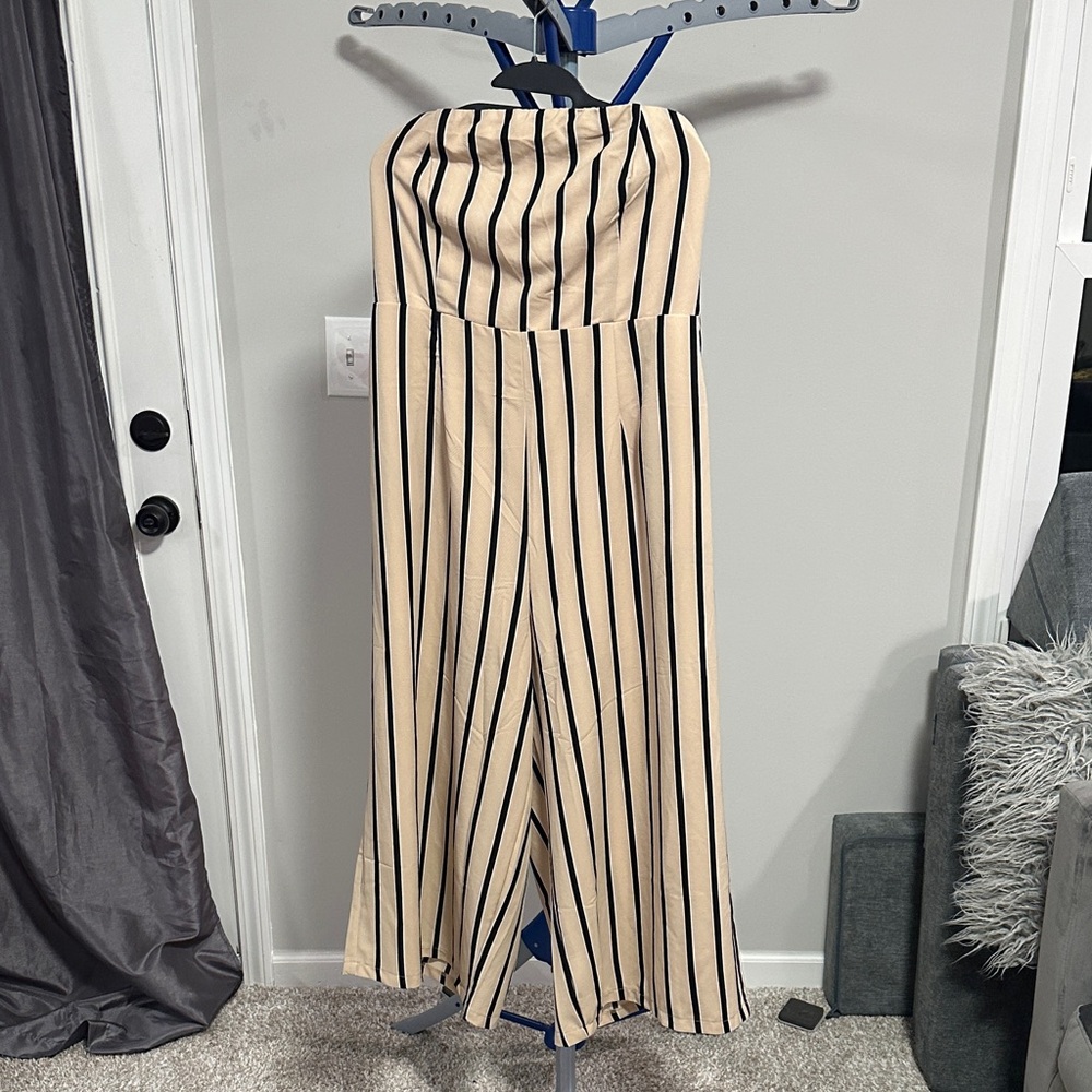 Forever 21 Cream and Black Strapless Jumpsuit